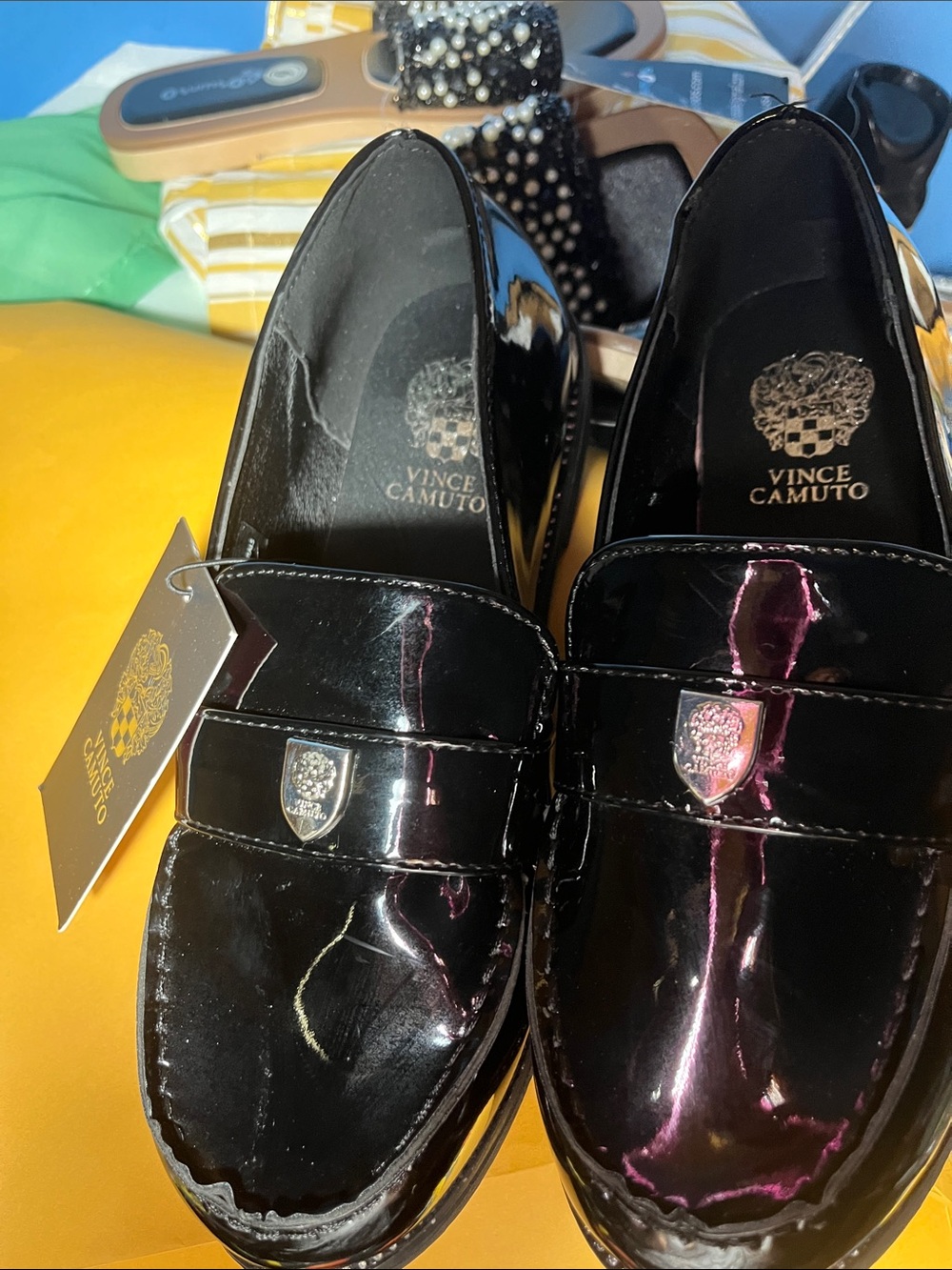 Vince Camuto Men’s Black Patent Loafers with Silver Crest